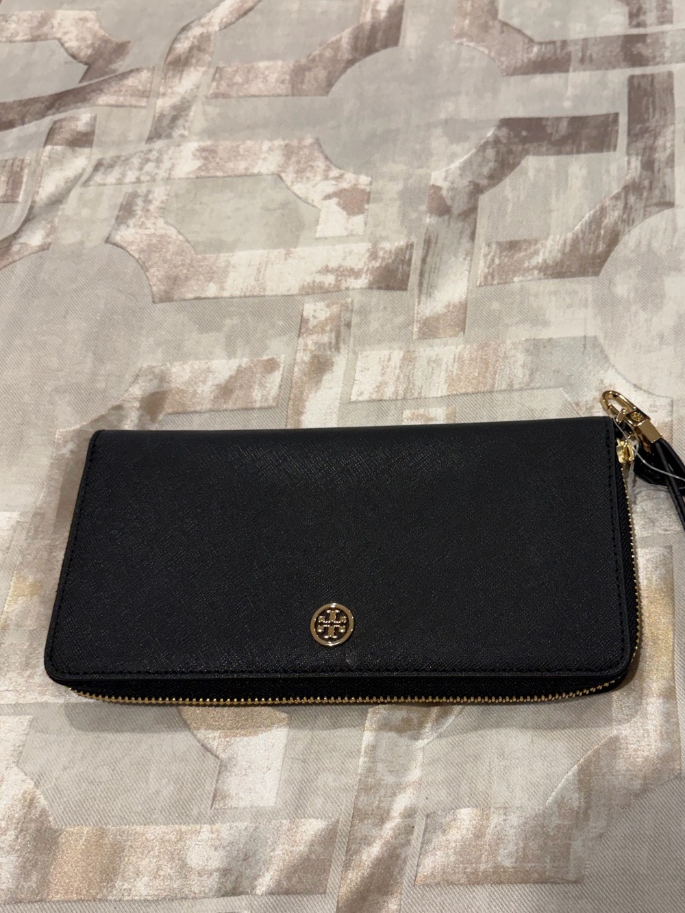 Tory Burch Black Zip Wallet with Gold Logo